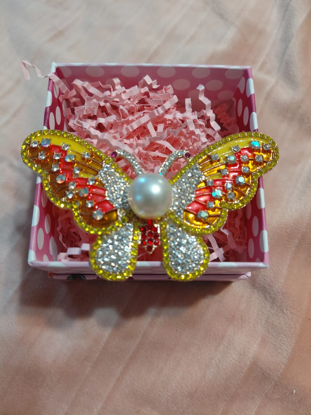 Butterfly Crystal Pearl Brooch - Gold & Red Accent